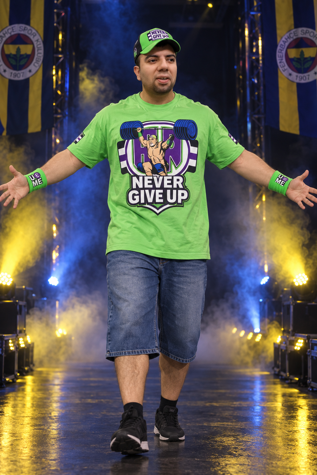 Kadıköy Boğası, John Cena tarzı yeşil tişört, şapka ve kot şortla